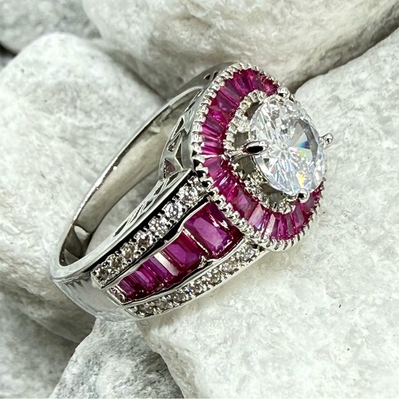 Lab Created Ruby Halo Ring 2.6 CT CZ Silver Tone Over Copper Sz 7.25 - Picture 8 of 17